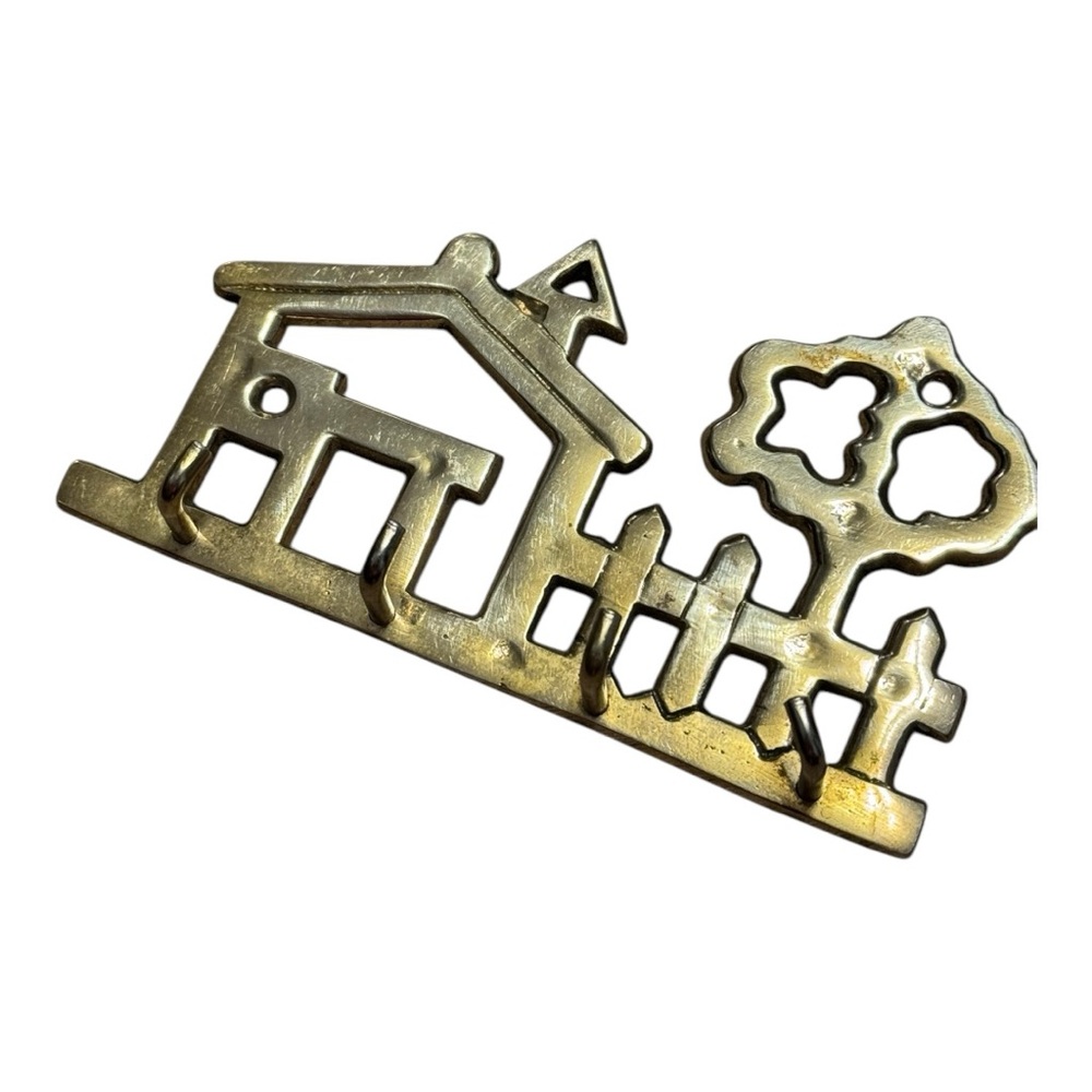 Vintage Brass Wall Hanger Key Holder Hooks House Tree Kitschy Metallic Retro